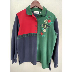 VTG Alfred Dunner Colorblock Collared Sweatshirt Embroidered Flower Crest Small